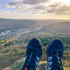 Trail running shoes with Taff Valley in the background