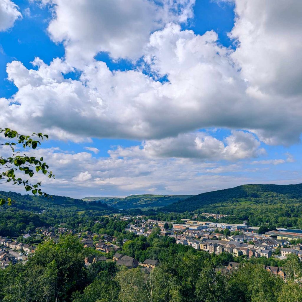 View up the Taff Valley with a cloudy sky.