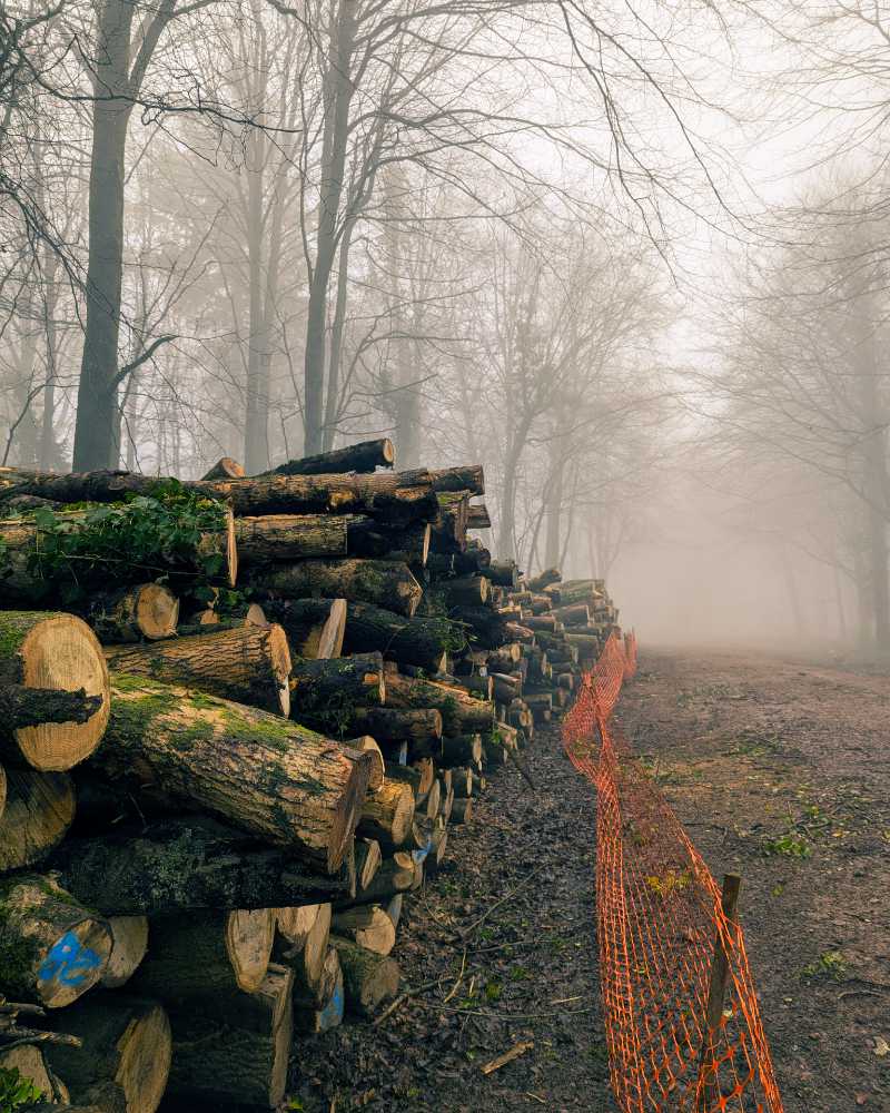 Logs stacked up next to forest trail on a misty day.